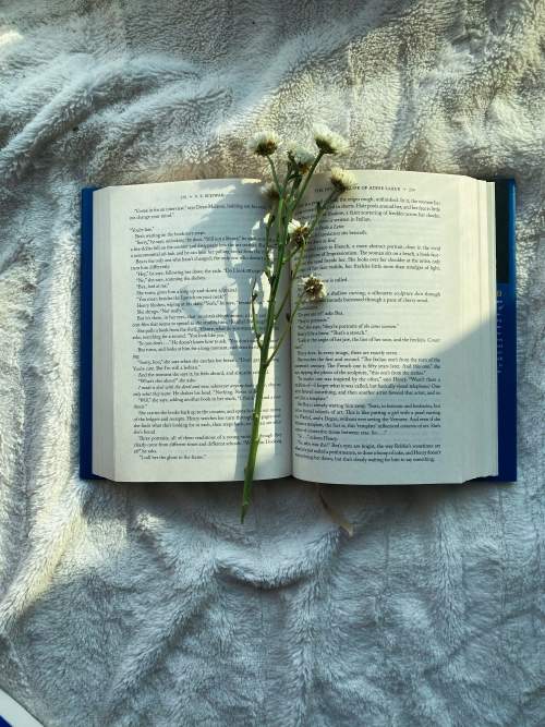 flatlay book with flowers